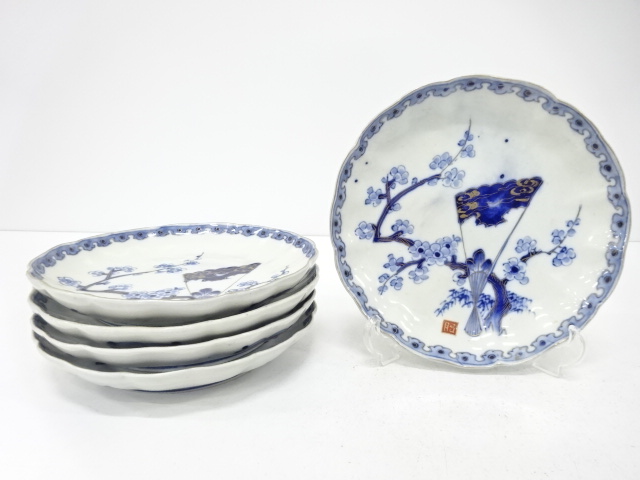 Ko-Imari, Plum tree and fan, set of 5 plates, 7